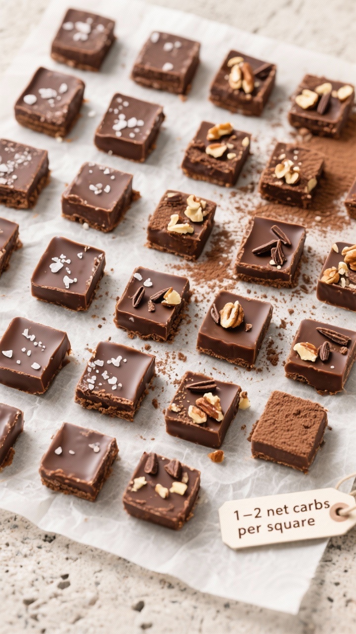 Overhead final presentation: Neat grid of 16–25 bite-size squares of keto chocolate fudge on parch