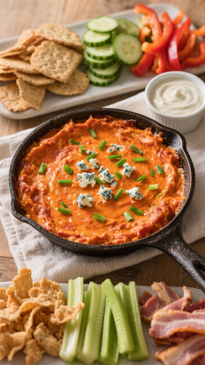 Overhead “game day” spread: Tasty of the finished Keto Buffalo Chicken Dip set in a cast-iron sk