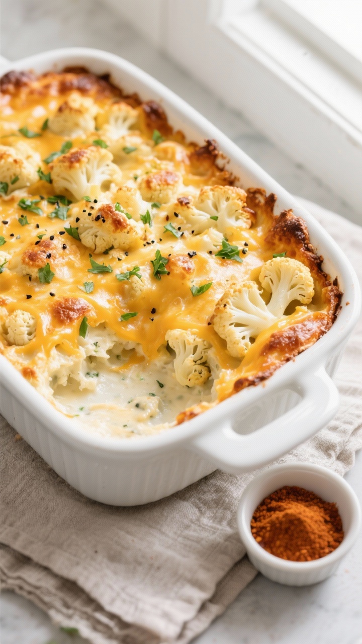 Overhead “tasty top” shot: Freshly baked Keto Cheesy Cauliflower Bake in a 2–3 quart white cer