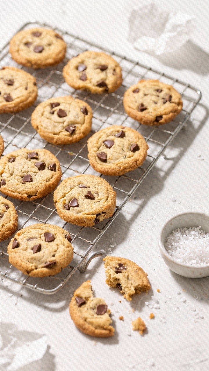 Overhead tasty top view: A cooling rack filled with uniformly shaped keto chocolate chip cookies, so