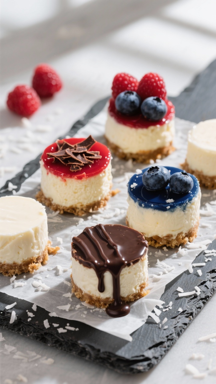 Overhead โtasty top viewโ: Chilled keto cheesecake bites arranged on a parchment-lined slate boa