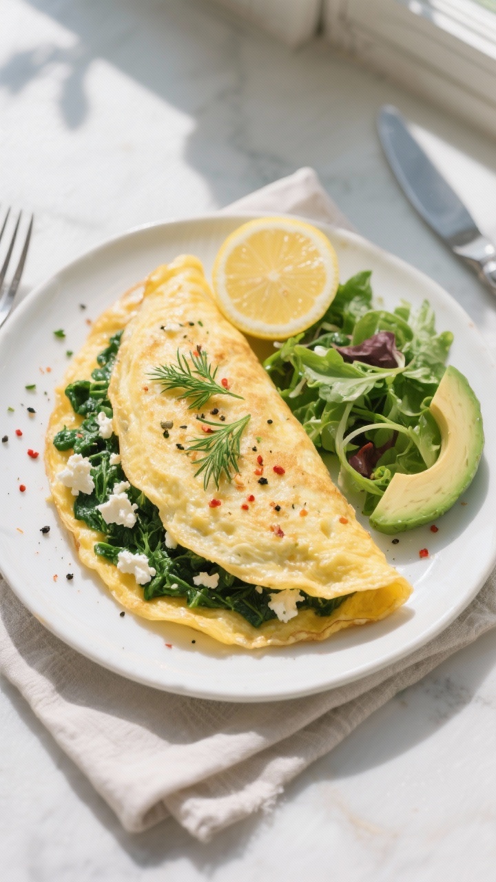 Overhead “tasty top view”: Final plated Keto Spinach and Feta Omelet folded in half on a white c