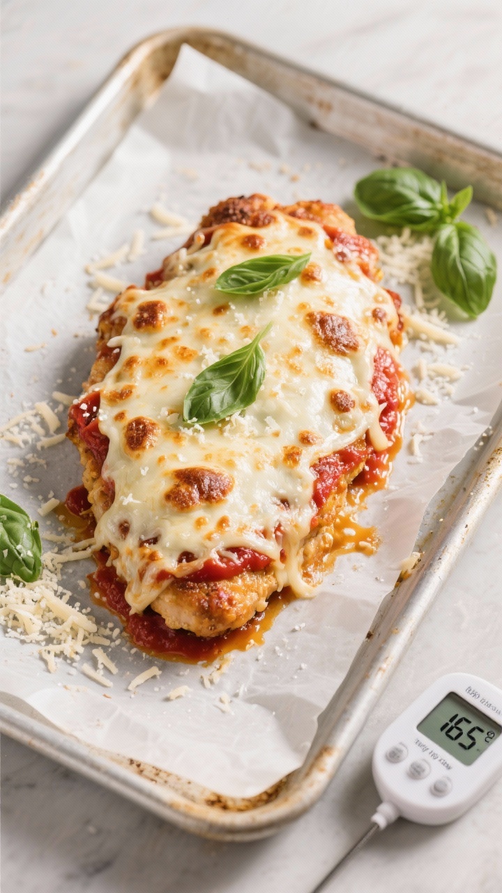 Overhead “tasty top view”: Keto Chicken Parmesan on a parchment-lined baking sheet fresh from th