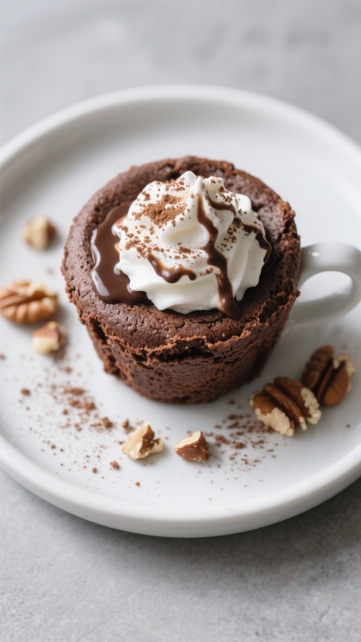 Overhead tasty top view: Keto chocolate mug cake turned out onto a small white plate, topped with a