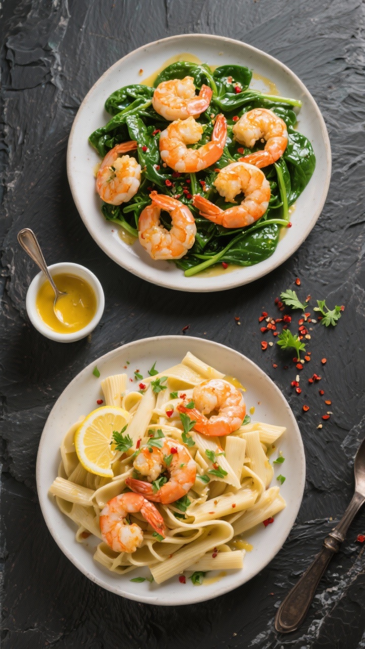 Overhead tasty top view: Top-down shot of shrimp scampi served two ways on a dark slate surface—on