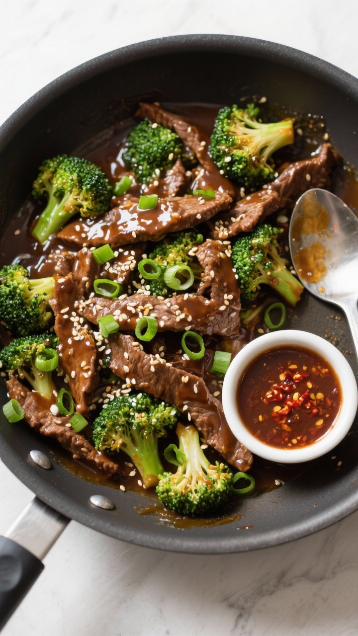 Tasty : Overhead shot of the finished Keto Beef and Broccoli in a large skillet, sauce clinging to e