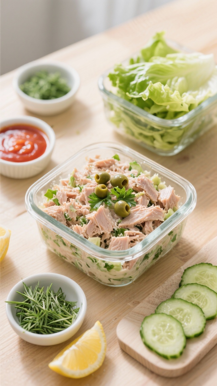 Tasty top-down meal prep scene: overhead shot of tuna salad in a glass airtight container after a br