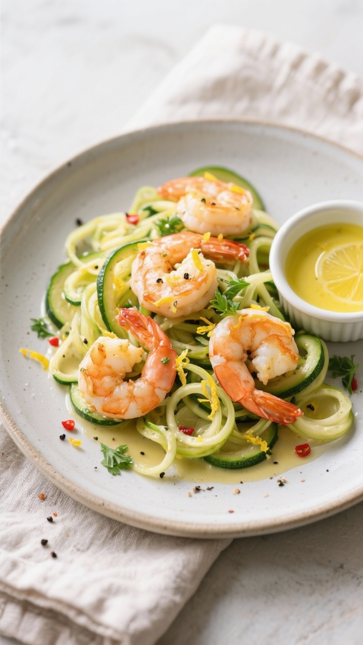 Tasty top-down shot: Overhead view of Lemon Butter Shrimp tossed with zucchini noodles (zoodles) in 