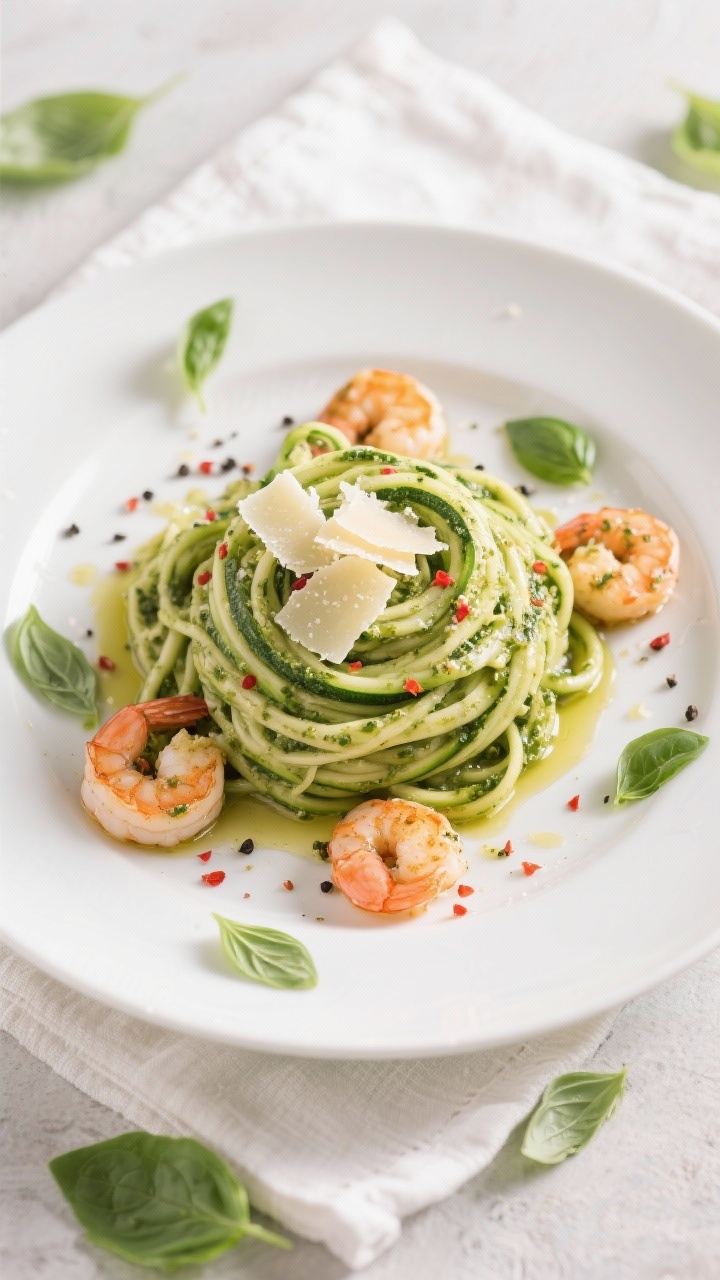 Tasty top view (final dish): Overhead shot of beautifully plated keto zucchini noodles with pesto, t