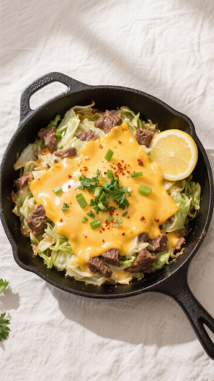 Tasty top view, overhead: Keto Cabbage Skillet just after melting the cheese—an even blanket of ch