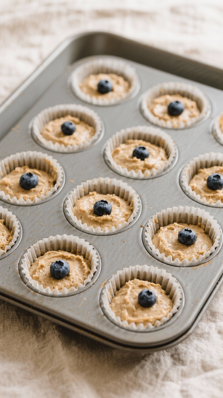 Tasty top view: Overhead shot of a 12-cup muffin tin lined with papers, each cup filled 3/4 with thi