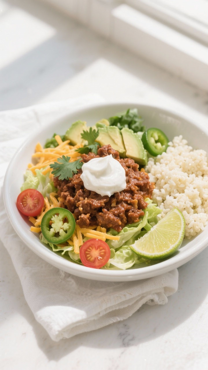 Tasty top view: Overhead shot of a Keto Taco Bowl assembled on a wide, shallow white bowl—layered 