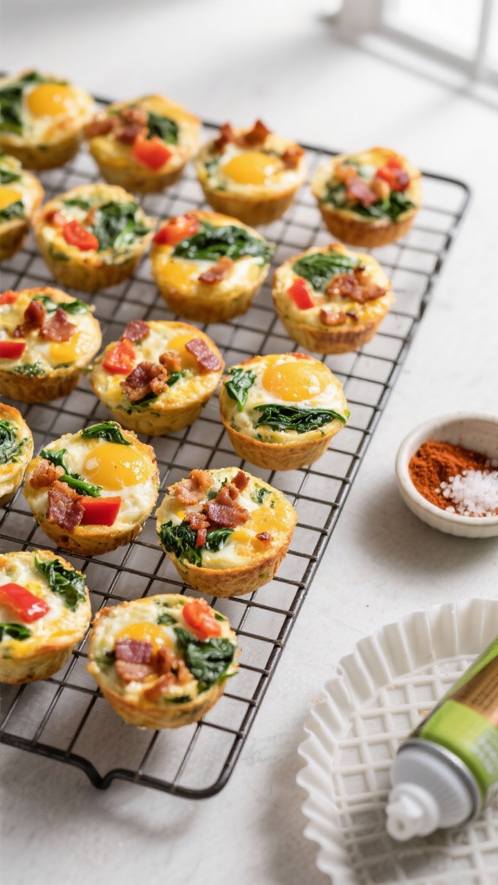 Tasty top view: Overhead shot of a wire rack holding a dozen cooled keto egg muffins, evenly spaced,