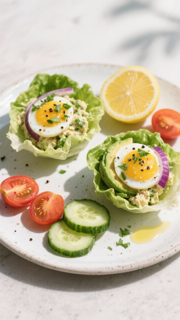 Tasty top view: Overhead shot of avocado egg salad served in crisp butter lettuce cups on a white st