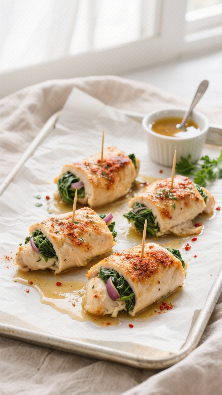 Tasty top view: Overhead shot of baked keto spinach stuffed chicken breasts on a parchment-lined bak
