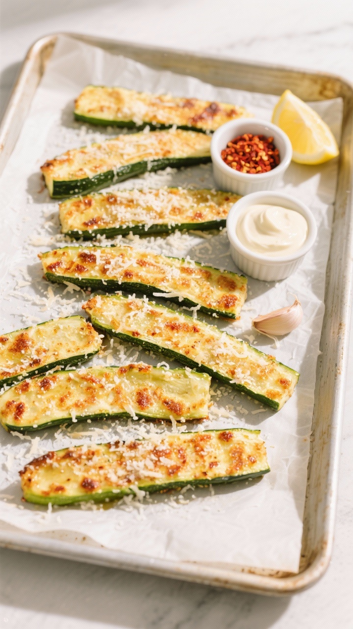 Tasty top view: Overhead shot of baked Parmesan zucchini spears arranged in a roomy single layer on