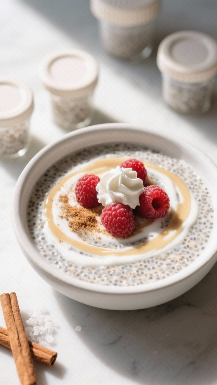 Tasty top view: Overhead shot of beautifully plated Keto Vanilla Chia Pudding in a matte white bowl,