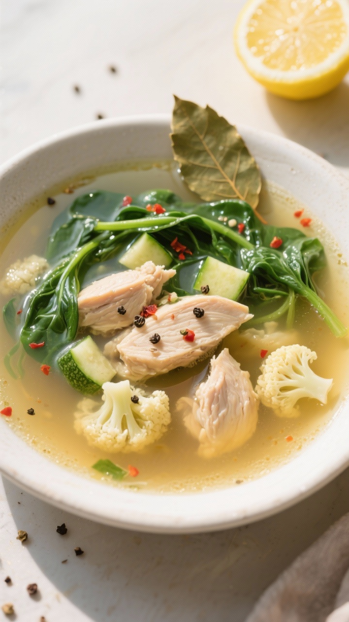 Tasty top view: Overhead shot of keto chicken soup at a gentle simmerโbite-size chicken pieces and