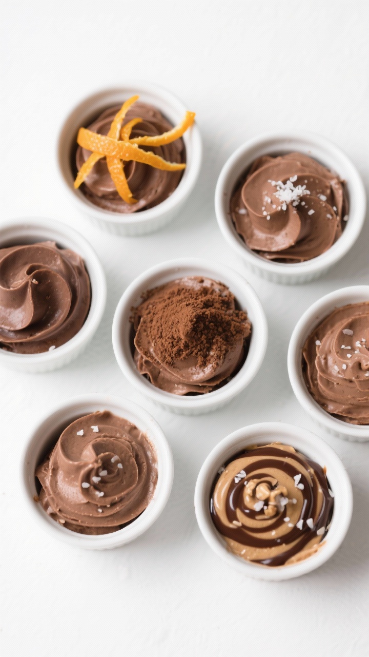 Tasty top view: Overhead shot of make-ahead keto chocolate mousse portions set and chilled, arranged