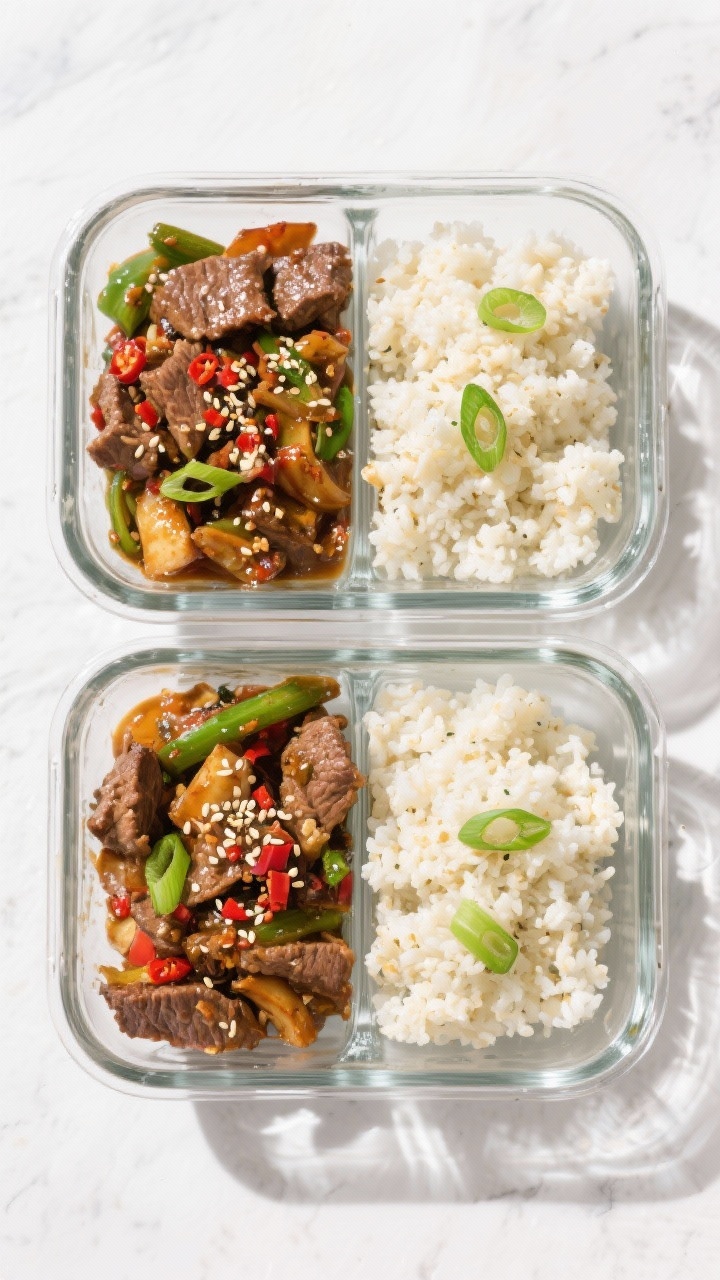 Tasty top view: Overhead shot of meal-prep portions—neatly divided keto beef stir fry over fluffy 