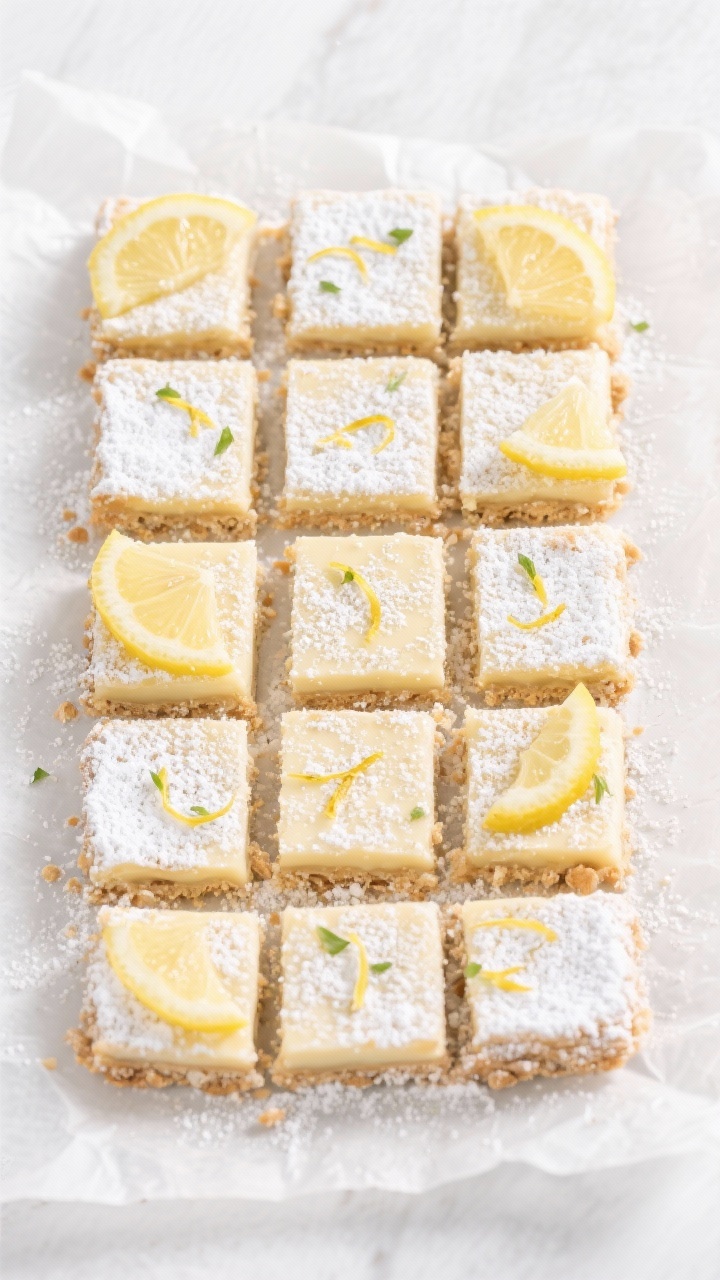 Tasty top view: Overhead shot of neatly cut keto lemon bars arranged in a tight grid on parchment, e