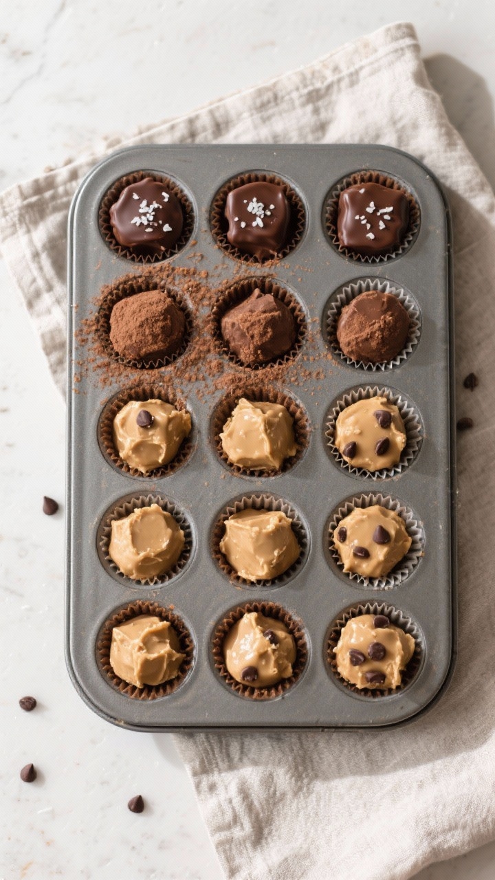 Tasty top view: Overhead shot of set Keto Peanut Butter Fat Bombs (12 pieces) in a lined mini muffin
