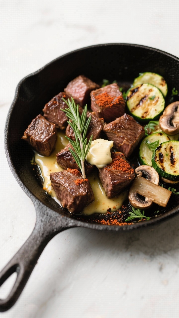 Tasty top view: Overhead shot of steak bites tossed in garlic butter and paprika, arranged in a shal