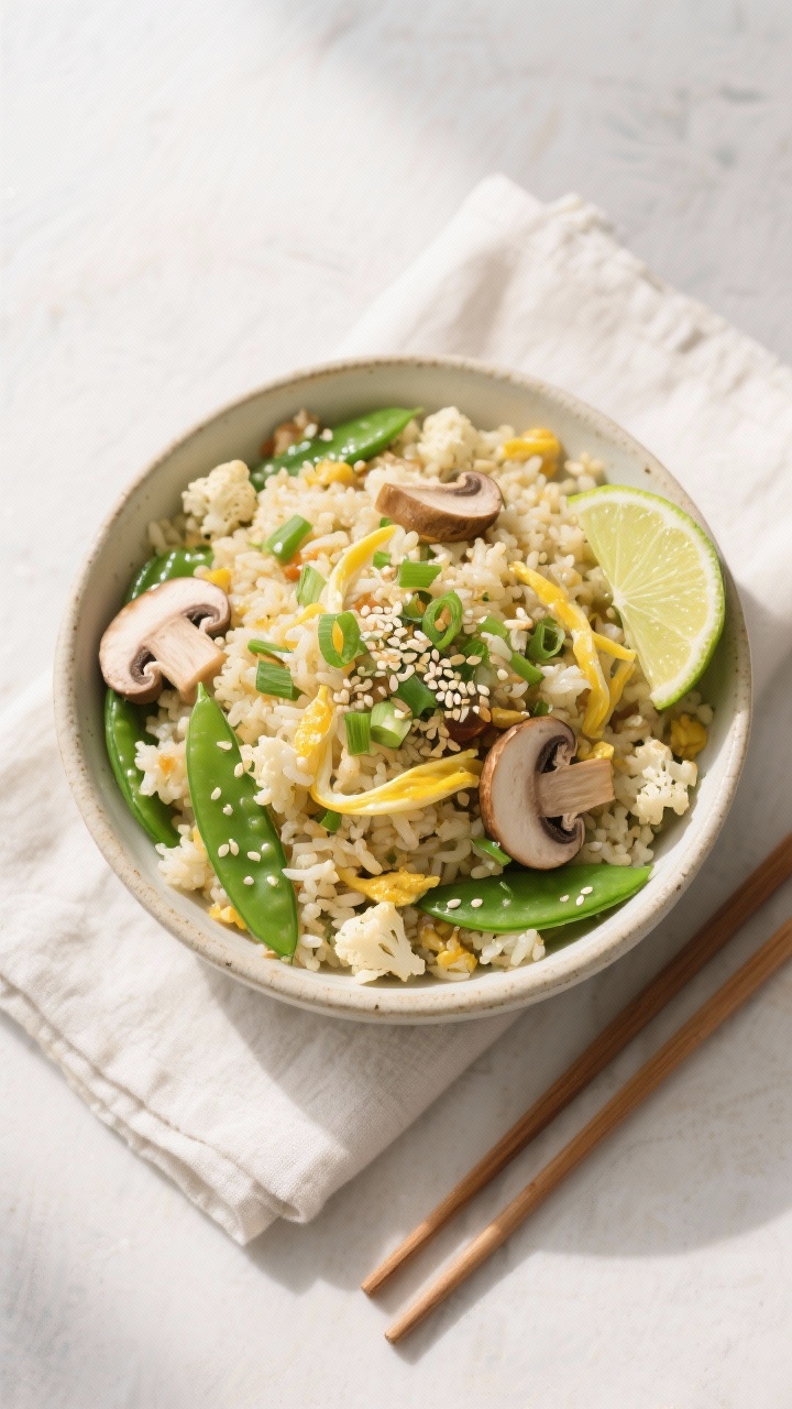 Tasty top view: Overhead shot of the final cauliflower fried rice served in a wide, shallow ceramic 
