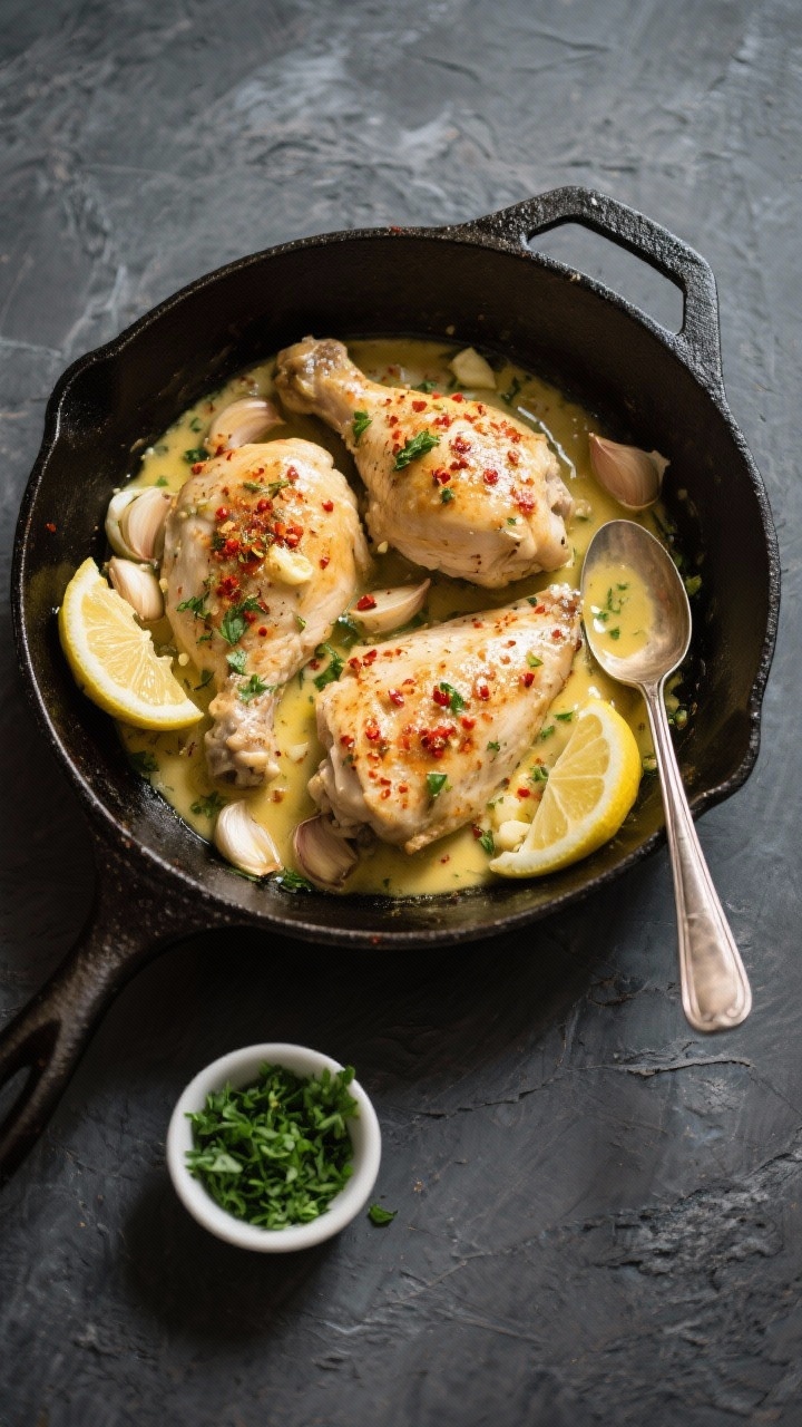 Tasty top view: Overhead shot of the finished skillet—chicken nestled in reduced garlic butter sau