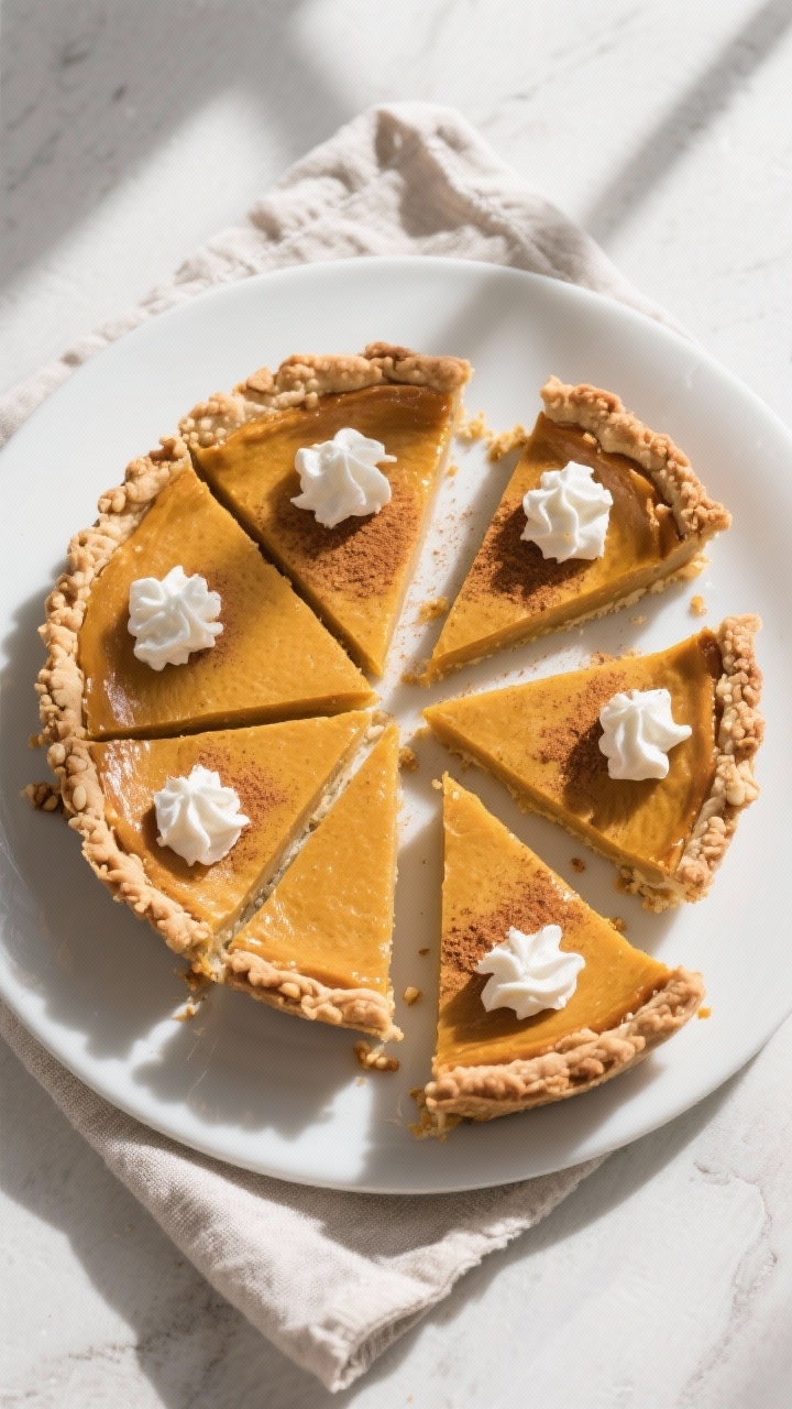 Tasty top view: Overhead shot of the fully baked keto pumpkin pie, perfectly set with a slight jiggl
