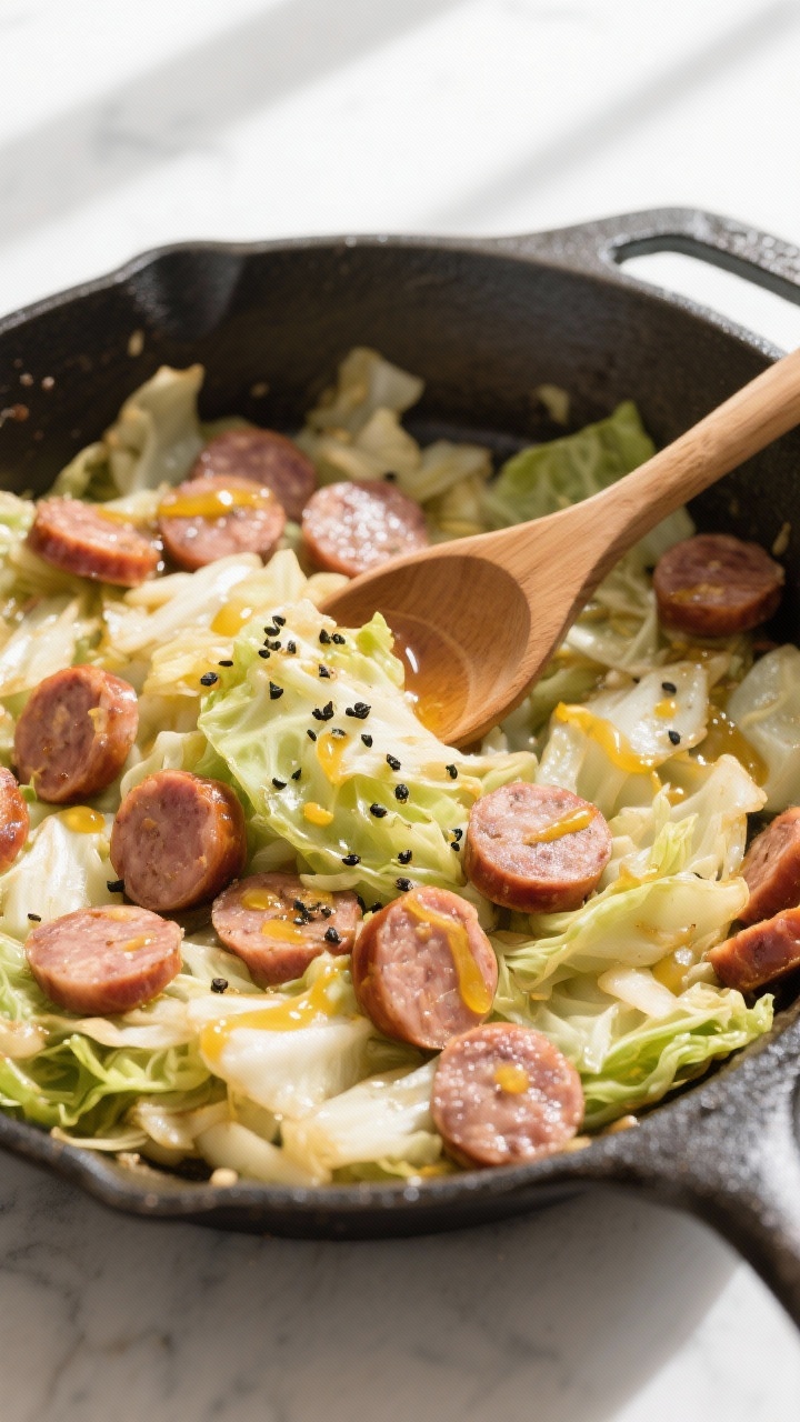 Tasty top view: Overhead shot of the Keto Sausage and Cabbage Skillet just after “bring it togethe