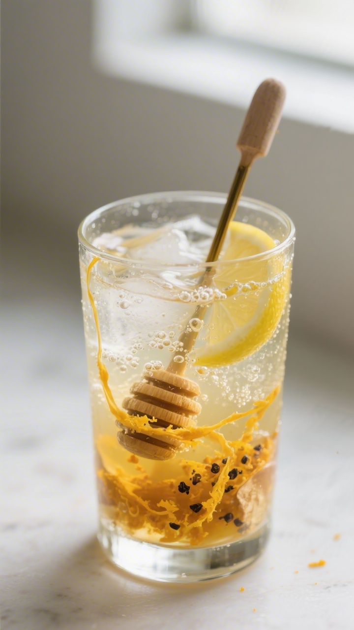 Close-up detail: A chilled glass of the Anti-Inflammatory Drink mid-stir, showing lemon juice, apple