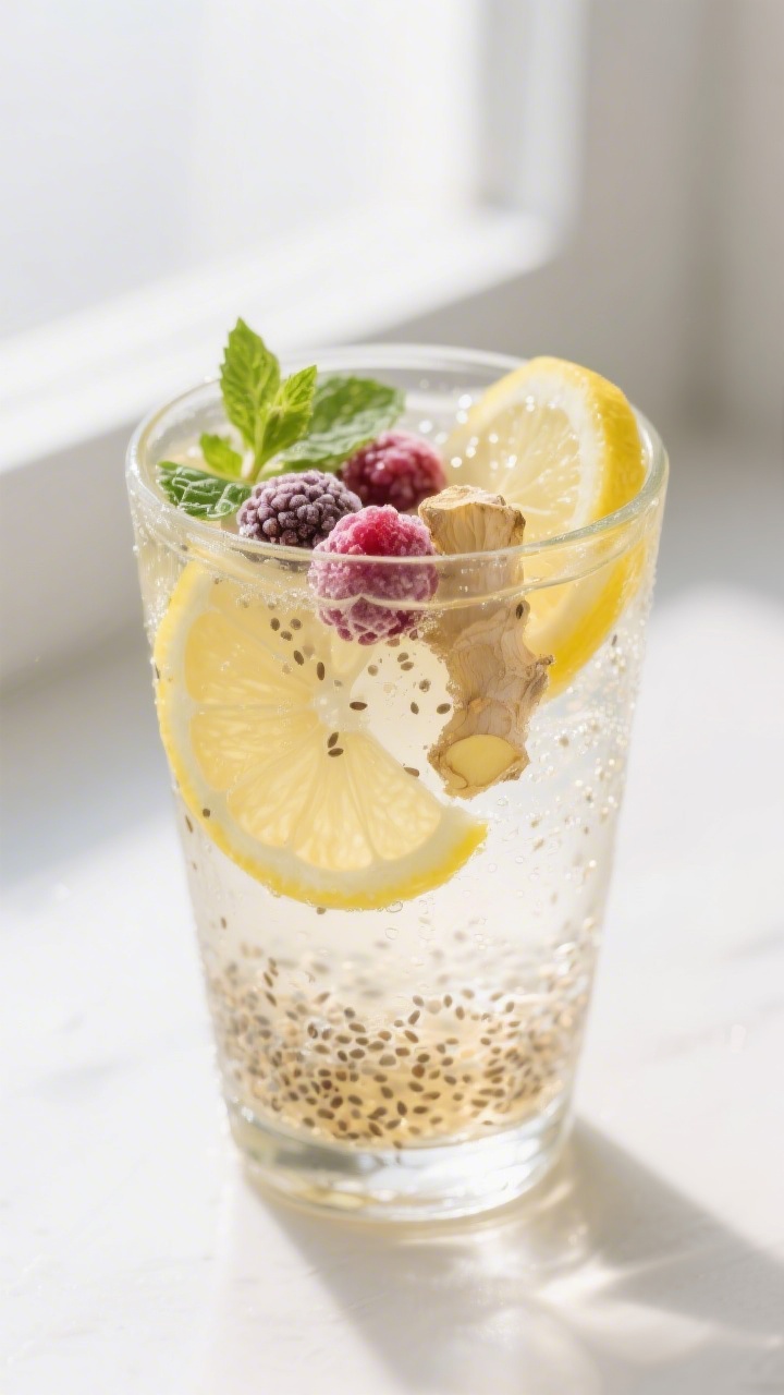 Close-up detail: A chilled glass of the finished all-day hydration drink with hydrated chia seeds su