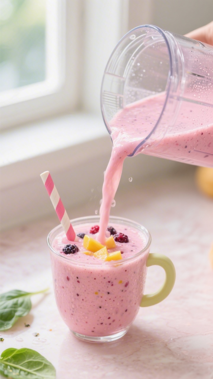 Close-up detail: A freshly blended, creamy pink summer smoothie being poured from a clear blender ja