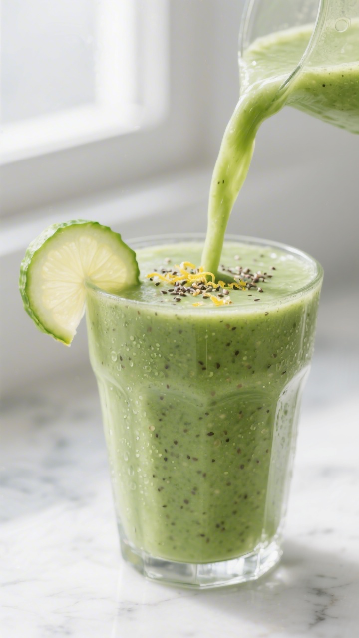 Close-up detail: A freshly blended green detox smoothie being poured in a silky stream into a chille