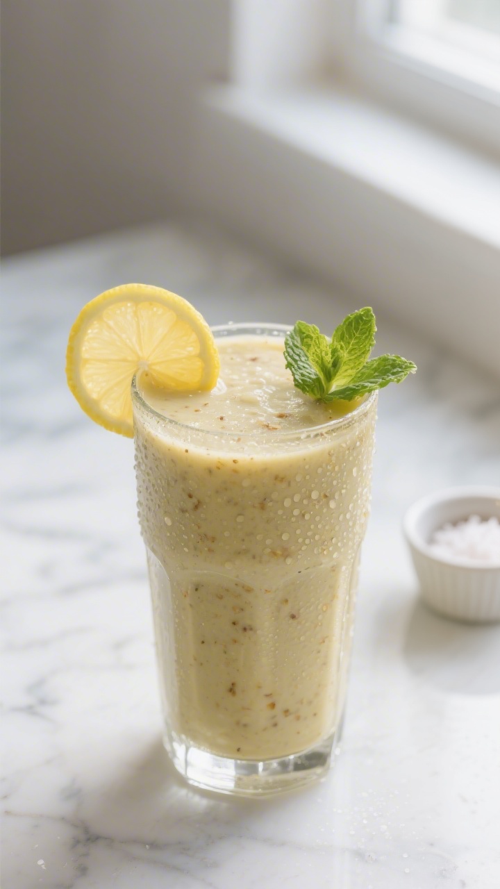 Close-up detail: A freshly blended “Lemon Ginger Kickstart” detox smoothie poured into a chilled