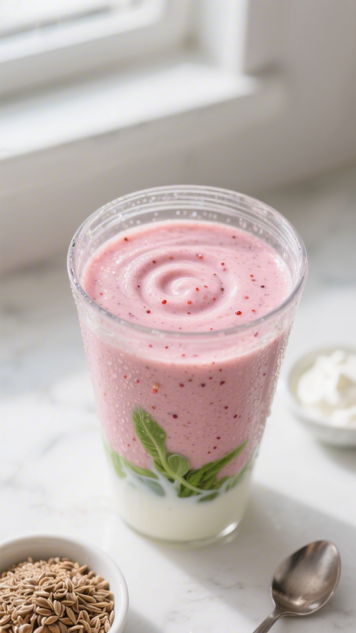 Close-up detail: A kid-friendly pink Hidden Veggie Smoothie mid-blend in a clear blender jar, showin