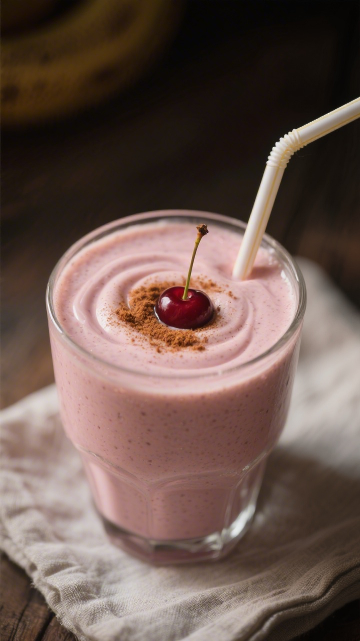 Close-up detail: A kid-size bedtime smoothie freshly blended and poured into a small glass with a re