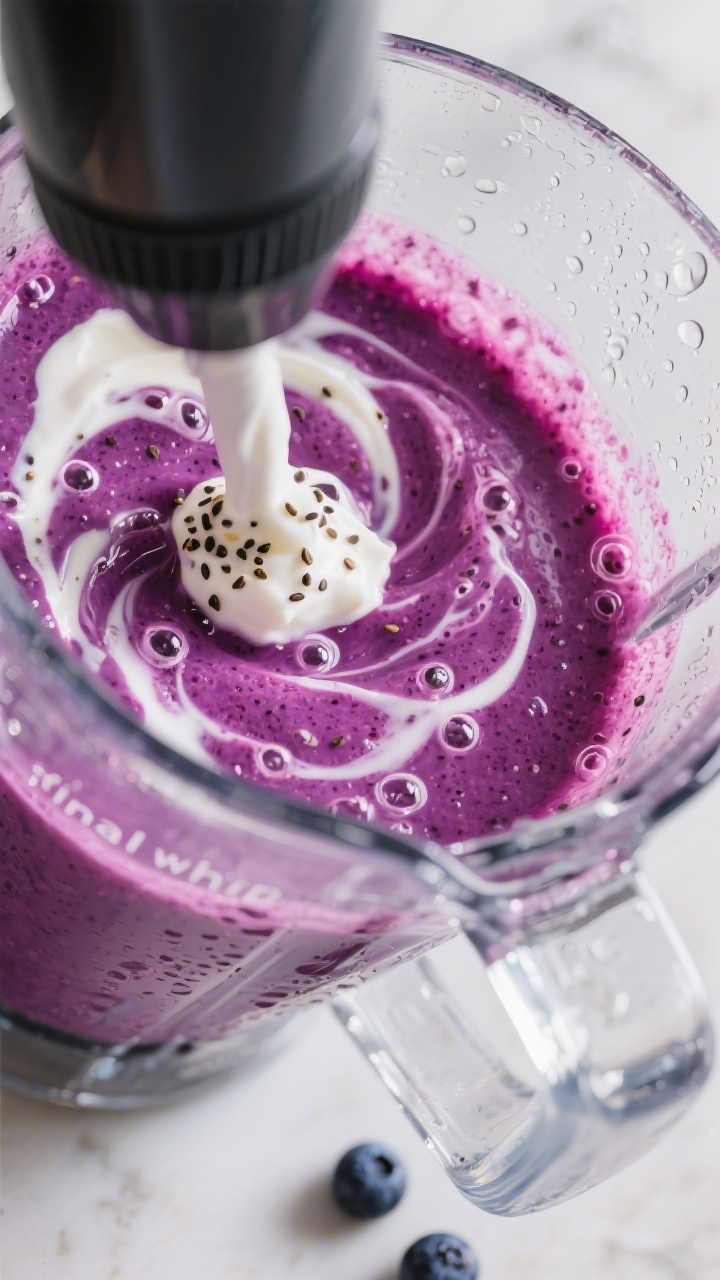 Close-up detail: A neon-purple blueberry smoothie being blitzed in a high-speed blender at the “fi