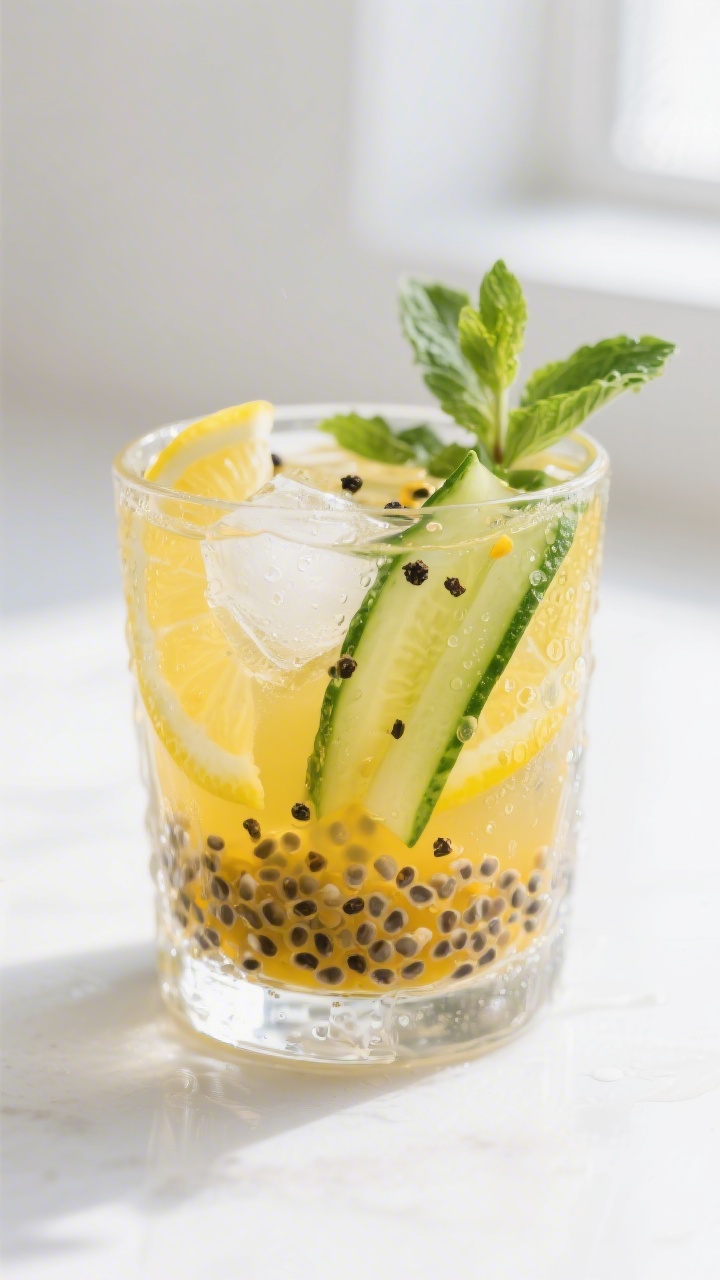 Close-up detail: A prepared wellness elixir in a clear rocks glass, showing swollen chia pearls susp