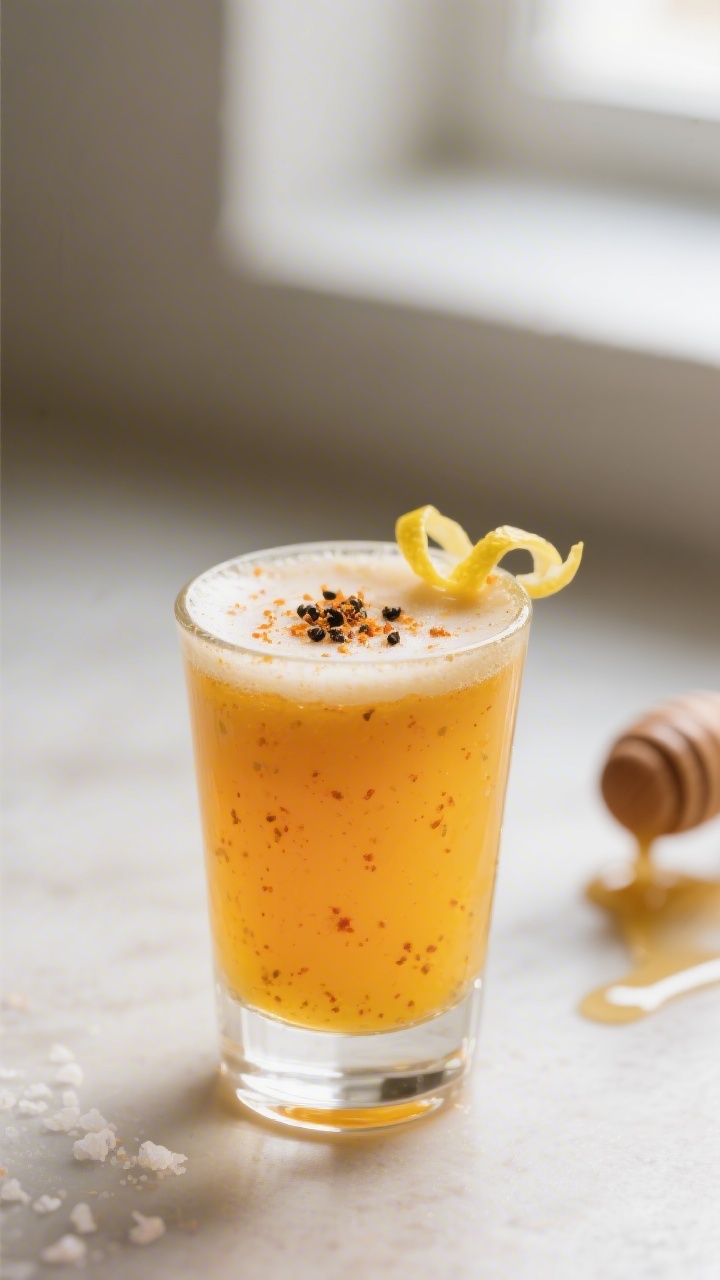 Close-up detail: A silky “Fire Shot” immune tonic poured into a small clear glass shot, golden-o