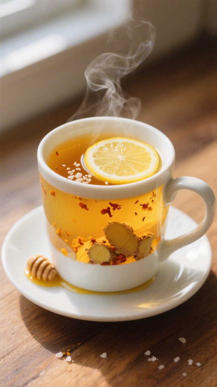 Close-up detail: A steaming mug of prepared lemon-ginger detox drink just after steeping, translucen
