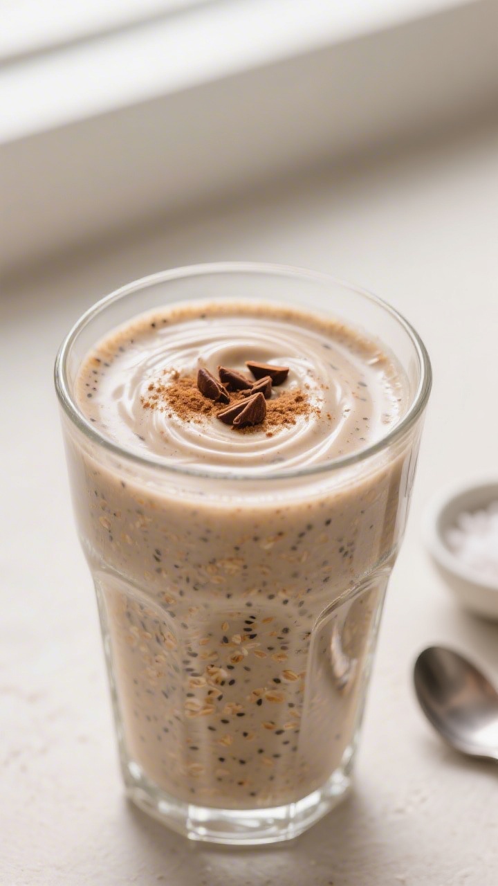 Close-up detail: A thick, silky oatmeal breakfast smoothie just poured into a clear, chilled glass, 