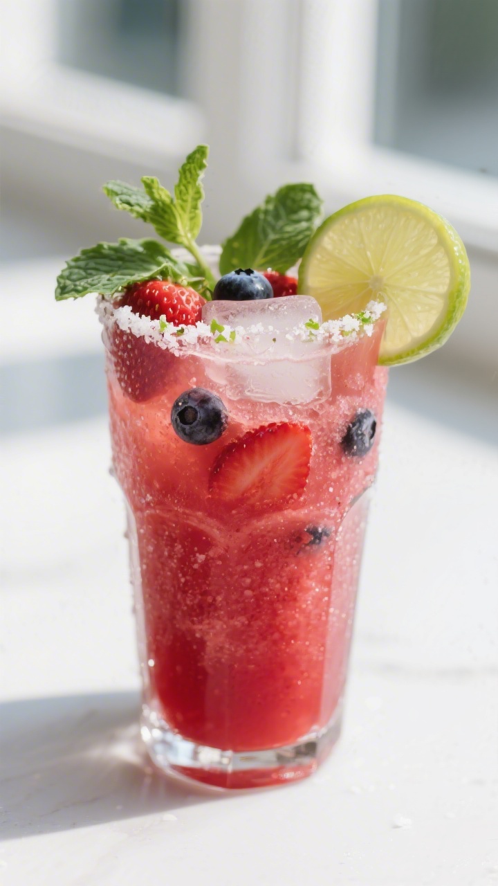 Close-up detail: Frosty Berry-Lime Cooler just blended, poured over ice in a clear highball glass; v