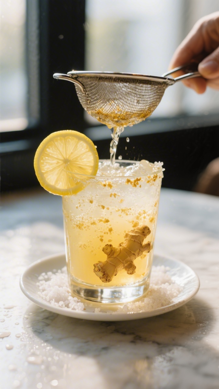 Close-up detail: Ginger-Gut Lemonade being poured through a fine strainer into a chilled clear glass