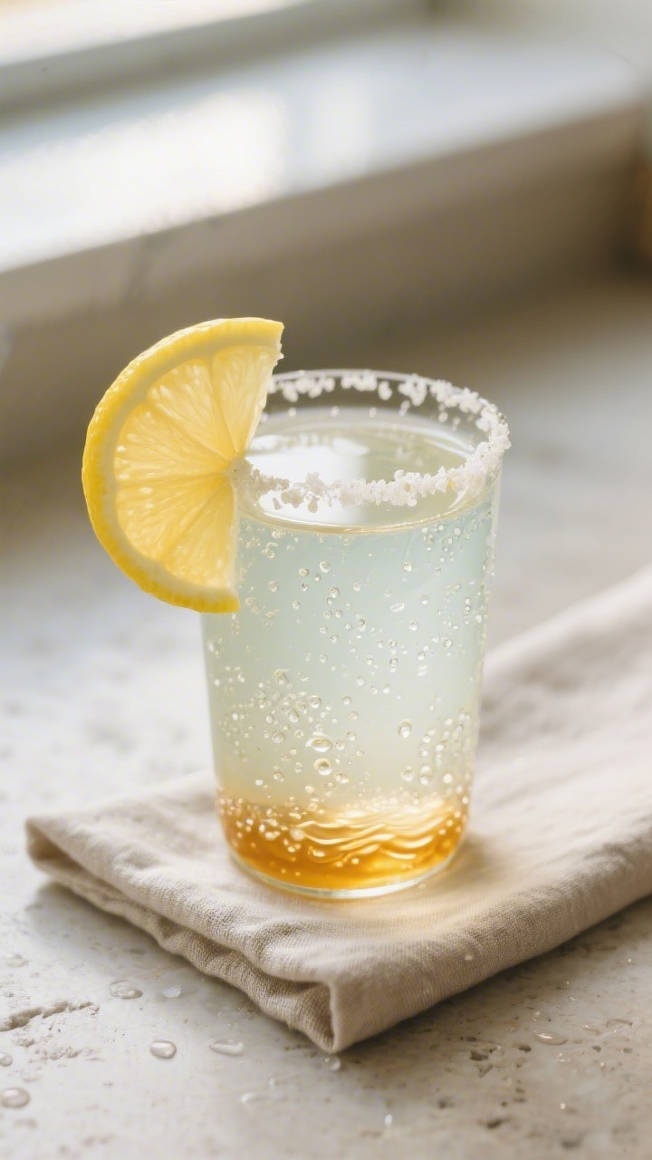 Close-up detail: Morning Mineral Kick hydration reset, a prepared glass of pale lemon water with tin