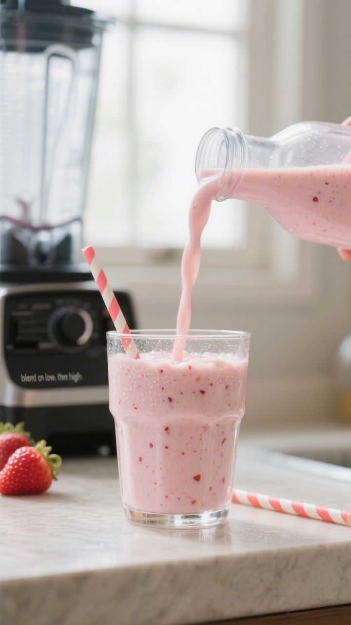 Close-up detail shot of a freshly blended Banana Strawberry Smoothie mid-pour into a kid-friendly cl
