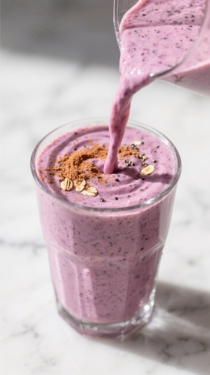 Close-up detail: Silky berry-banana energy smoothie mid-pour into a chilled clear glass, ribbons of 