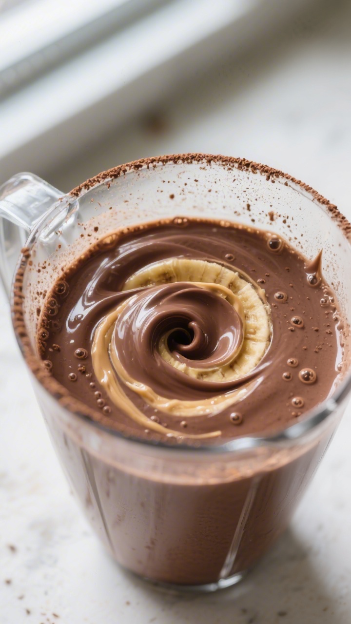 Close-up detail: Silky chocolate banana smoothie mid-blend vortex inside a glass blender jar, ribbon
