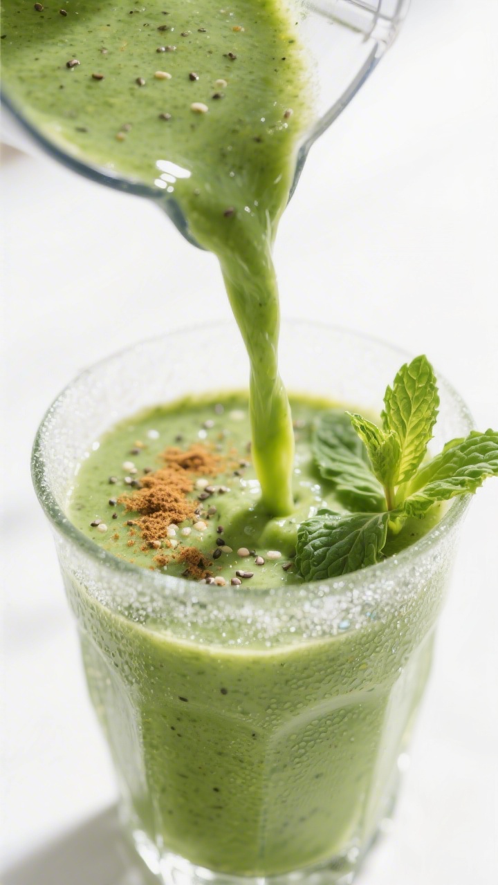 Close-up detail: Silky green smoothie being poured from a blender into a chilled clear glass, captur